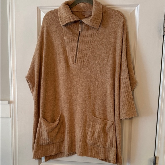 Barefoot Dreams Cozy Chic Lite Half Zip Poncho in Camel Tan - Picture 3 of 6